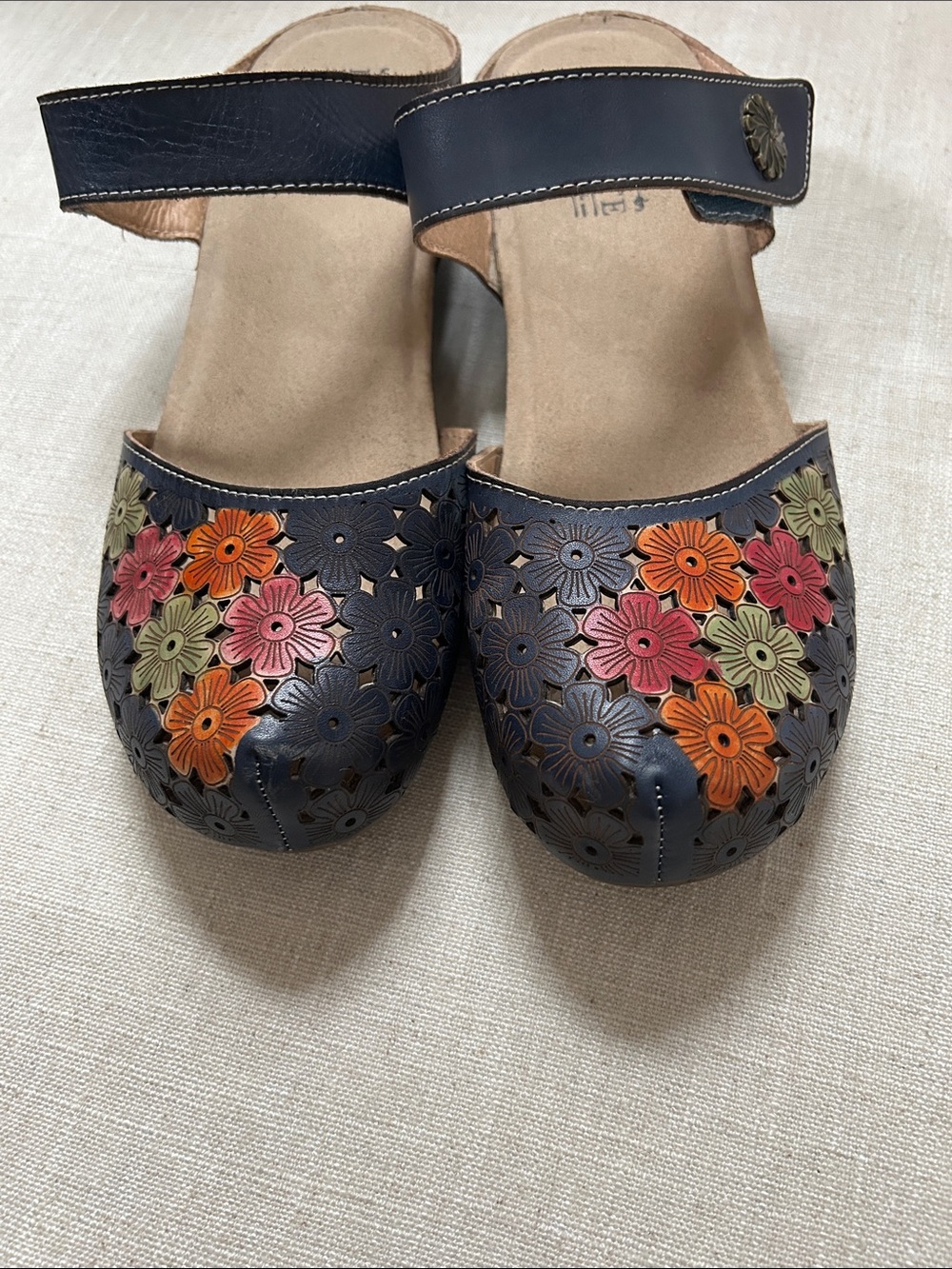 Spring Step L'artiste Spikey Floral Sandal Navy SZ 42 Leather Comfort Mary Jane - Picture 2 of 15